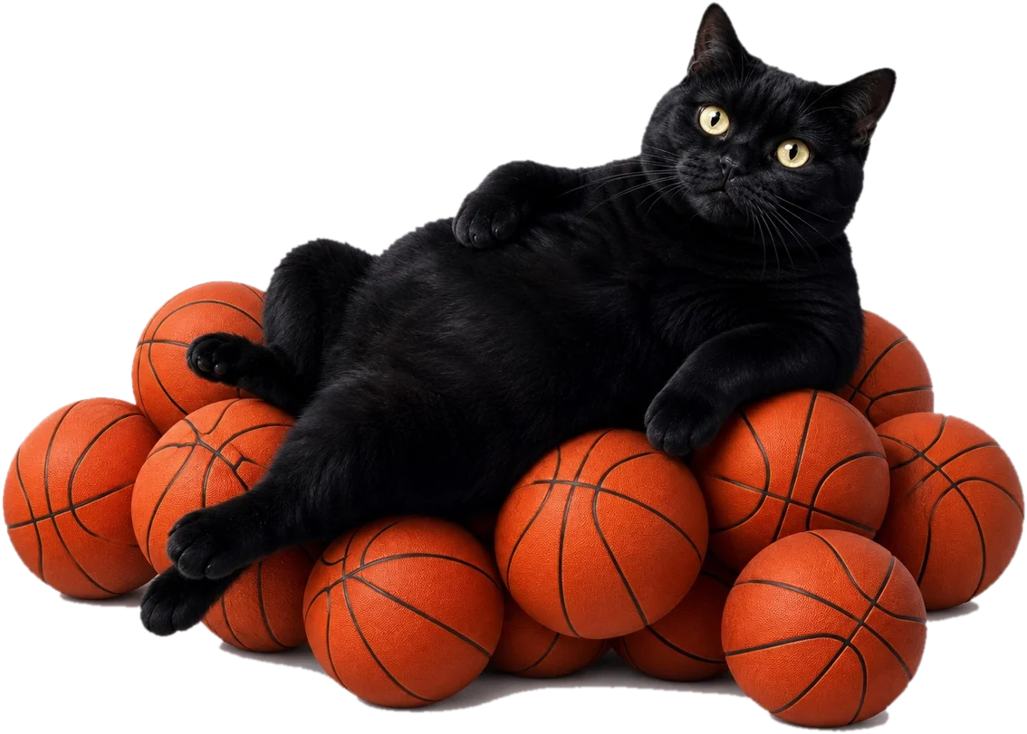 Ballin lying back across a heap of basketballs, entirely unbothered