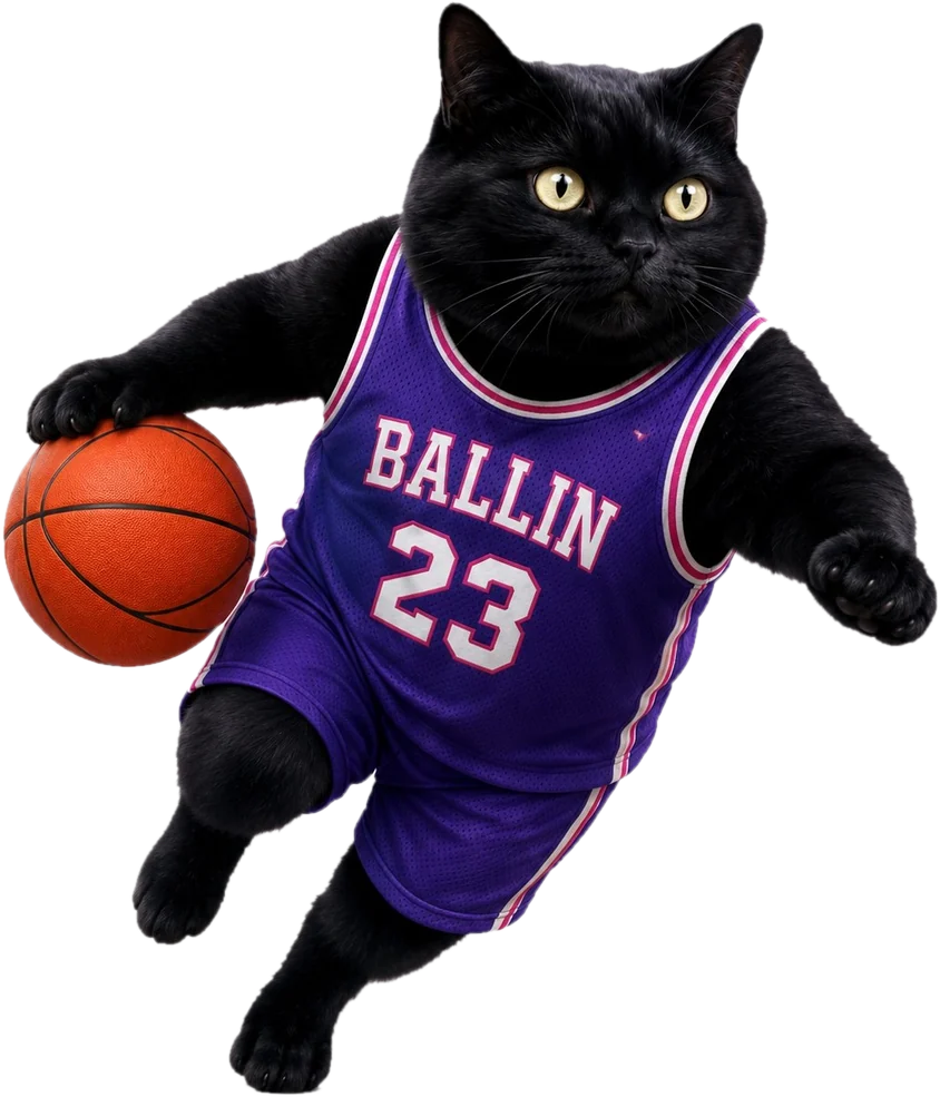 Ballin in a purple BALLIN 23 basketball jersey, driving forward with the ball