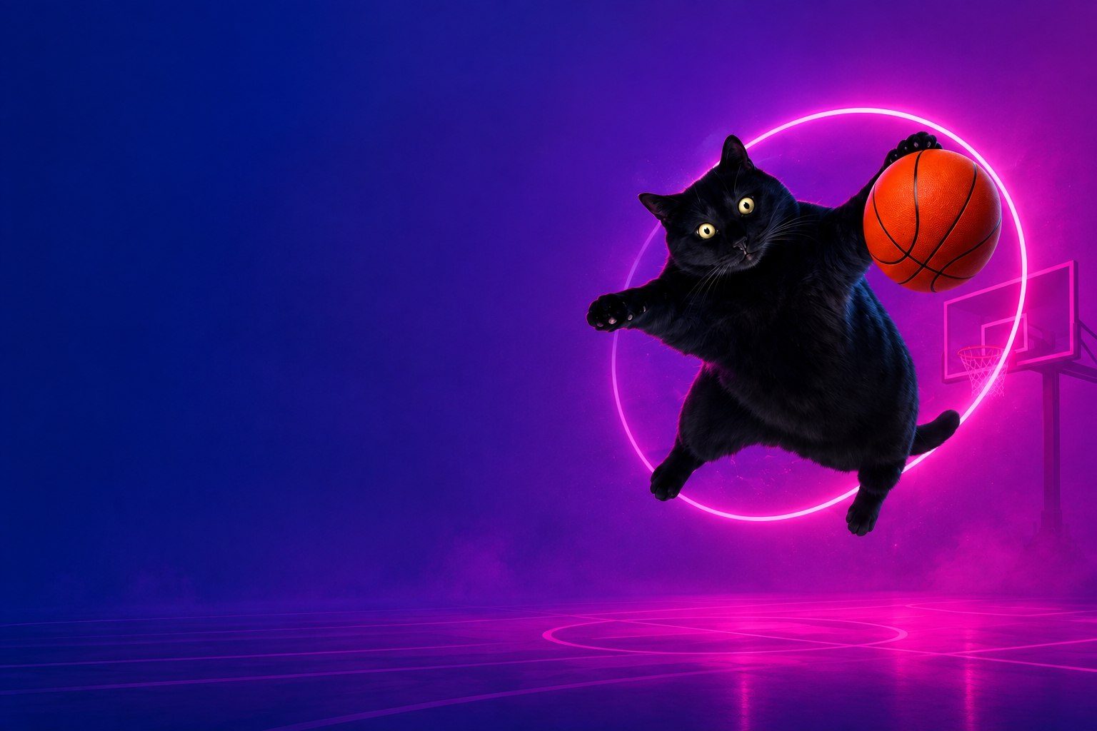 Ballin, a black cat, caught mid-air reaching out a basketball inside a glowing pink ring, on a neon court with a lit hoop behind her
