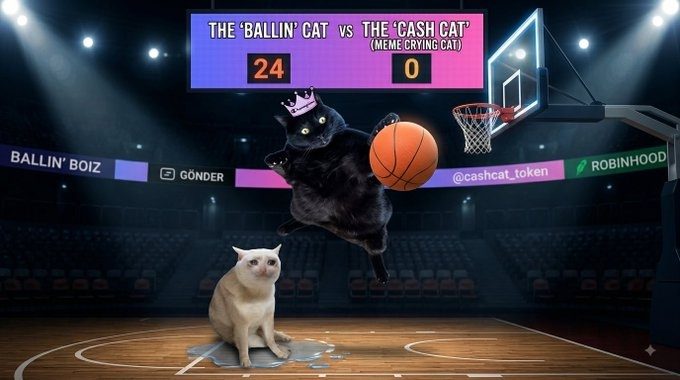 Community meme: an arena scoreboard showing the Ballin cat leading 24 to 0